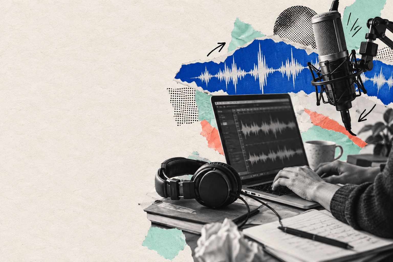 Editorial collage of people, documents and audio waves