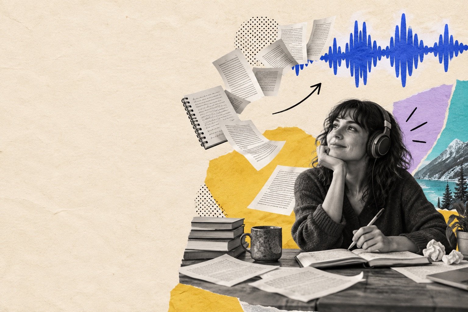 Collage editorial de personas, documentos y ondas de audio