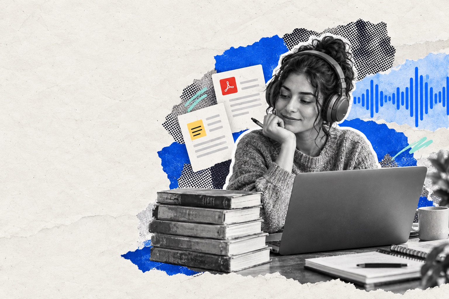 Estudiante con auriculares, portátil y documentos convertidos visualmente en ondas de audio