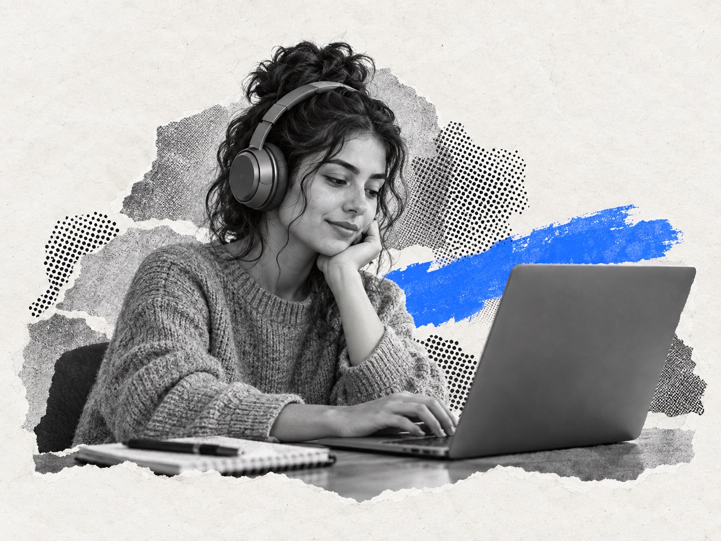 Mujer con auriculares trabajando en un portátil