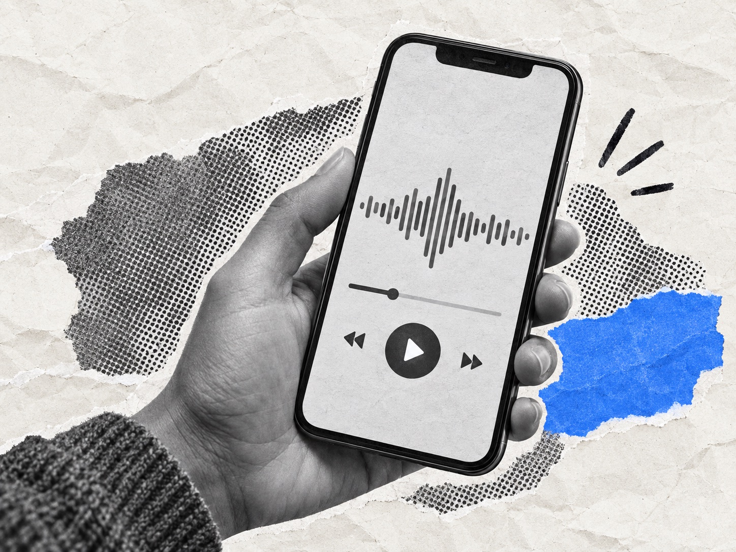 Mano sosteniendo un móvil con un reproductor de audio