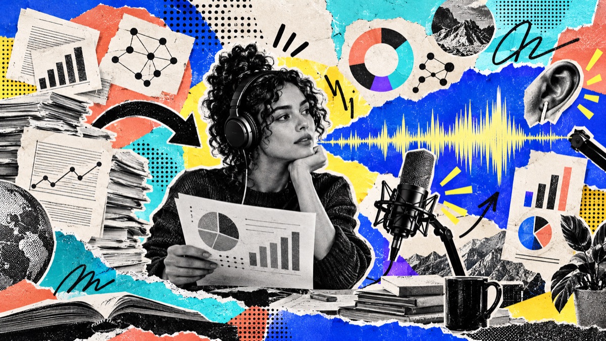 Investigadora escuchando un resumen de audio de un artículo científico en PDF
