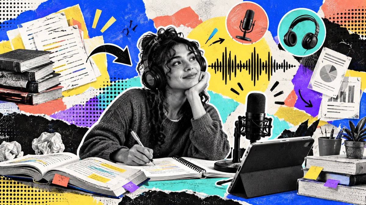 Estudiante escuchando un podcast creado a partir de sus apuntes en PDF