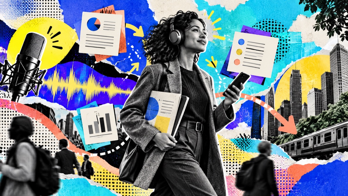 Profesional escuchando un podcast creado desde un informe de trabajo en PDF