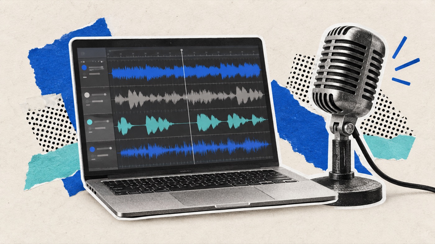 Portátil y micrófono preparados para editar un podcast